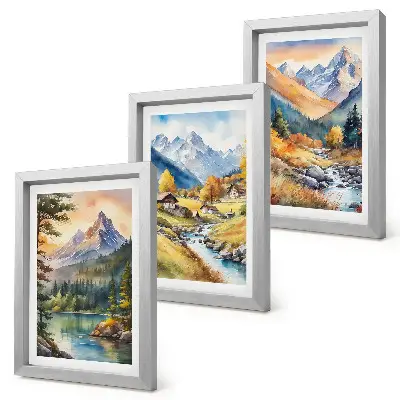 Juego de 3 cuadros decorativos con paisaje montañoso de río y cabañas en tonos otoñales