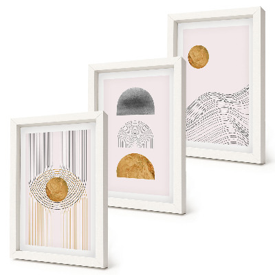 Tríptico enmarcado Formas y líneas abstractas en tonos beige y gris.
