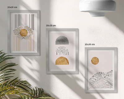 Tríptico enmarcado Formas y líneas abstractas en tonos beige y gris.