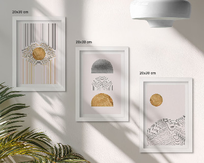Tríptico enmarcado Formas y líneas abstractas en tonos beige y gris.