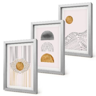 Tríptico enmarcado Formas y líneas abstractas en tonos beige y gris.
