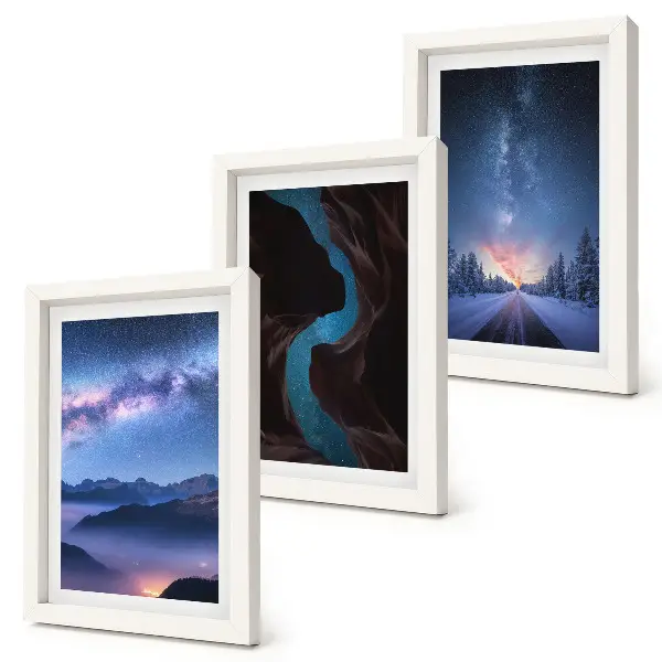 Juego de 3 cuadros decorativos con diseño de paisaje invernal de montaña bajo el cielo nocturno