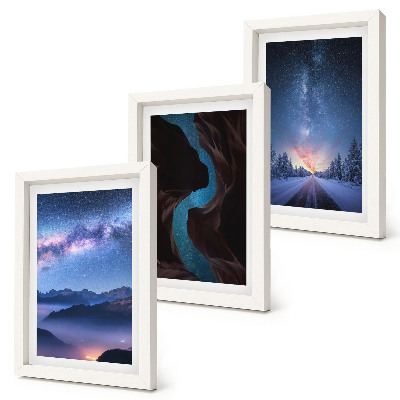 Juego de 3 cuadros decorativos Desfiladero de montañas bajo el cielo nocturno y paisaje invernal