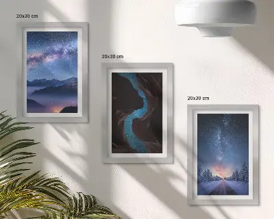 Juego de 3 cuadros decorativos con diseño de paisaje invernal de montaña bajo el cielo nocturno