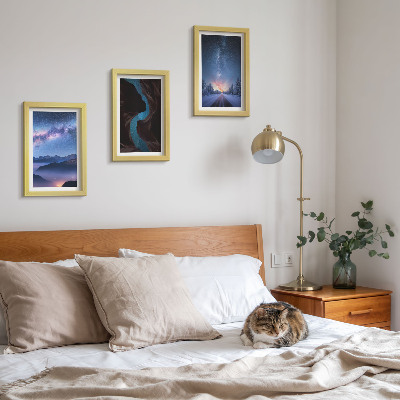 Juego de 3 cuadros decorativos Desfiladero de montañas bajo el cielo nocturno y paisaje invernal