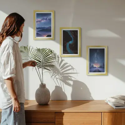 Juego de 3 cuadros decorativos con diseño de paisaje invernal de montaña bajo el cielo nocturno