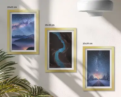 Juego de 3 cuadros decorativos con diseño de paisaje invernal de montaña bajo el cielo nocturno