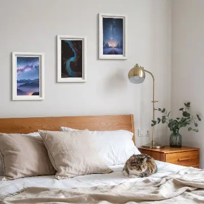 Juego de 3 cuadros decorativos con diseño de paisaje invernal de montaña bajo el cielo nocturno