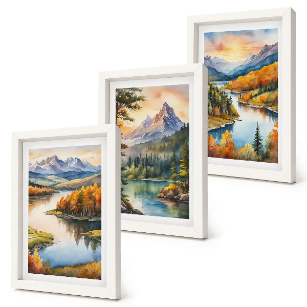 Tríptico enmarcado Paisajes de montaña con un río y árboles coloridos.