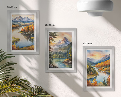 Tríptico enmarcado Paisajes de montaña con un río y árboles coloridos.