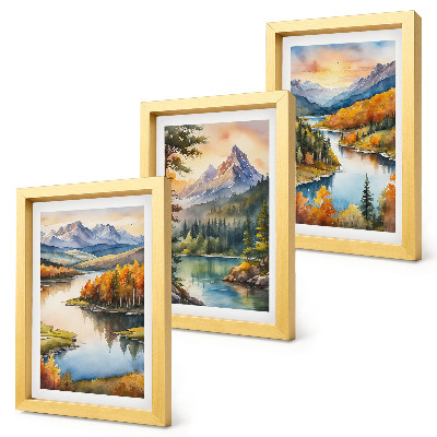 Tríptico enmarcado Paisajes de montaña con un río y árboles coloridos.