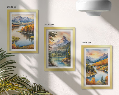 Tríptico enmarcado Paisajes de montaña con un río y árboles coloridos.