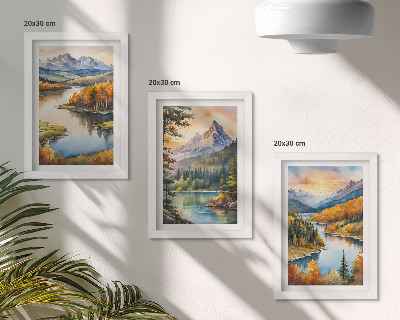 Tríptico enmarcado Paisajes de montaña con un río y árboles coloridos.