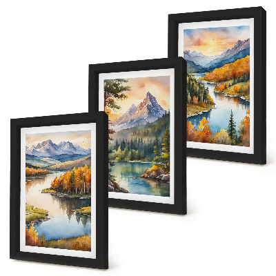 Tríptico enmarcado Paisajes de montaña con un río y árboles coloridos.
