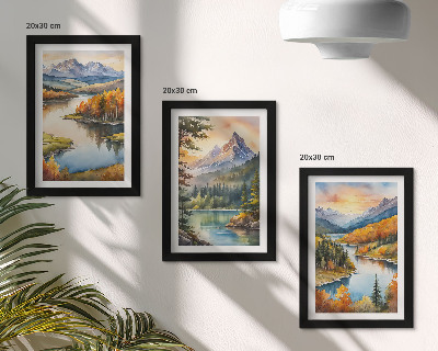 Tríptico enmarcado Paisajes de montaña con un río y árboles coloridos.