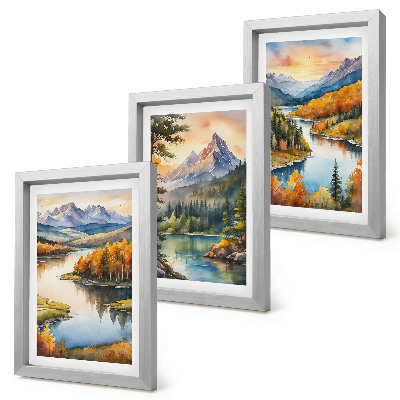 Tríptico enmarcado Paisajes de montaña con un río y árboles coloridos.