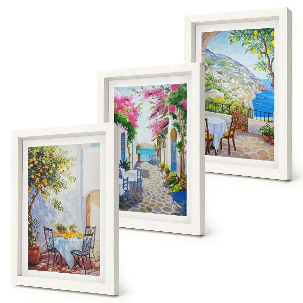 Juego de 3 cuadros decorativos con diseño de calles encantadoras llenas de plantas y vistas al mar