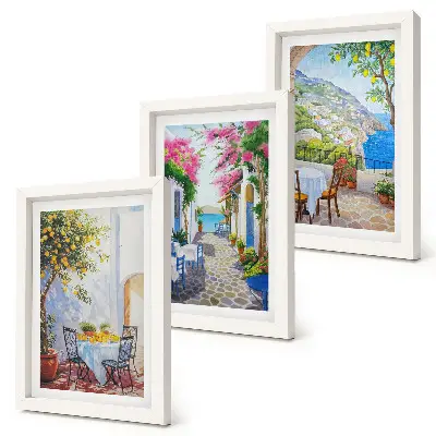 Juego de 3 cuadros decorativos con diseño de calles encantadoras llenas de plantas y vistas al mar