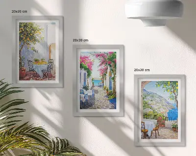 Juego de 3 cuadros decorativos con diseño de calles encantadoras llenas de plantas y vistas al mar