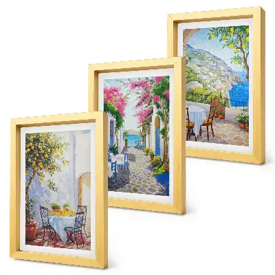 Juego de 3 cuadros decorativos con diseño de calles encantadoras llenas de plantas y vistas al mar
