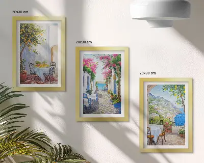 Juego de 3 cuadros decorativos con diseño de calles encantadoras llenas de plantas y vistas al mar