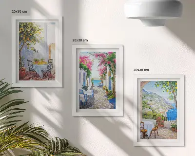 Juego de 3 cuadros decorativos con diseño de calles encantadoras llenas de plantas y vistas al mar