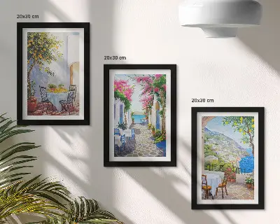 Juego de 3 cuadros decorativos con diseño de calles encantadoras llenas de plantas y vistas al mar