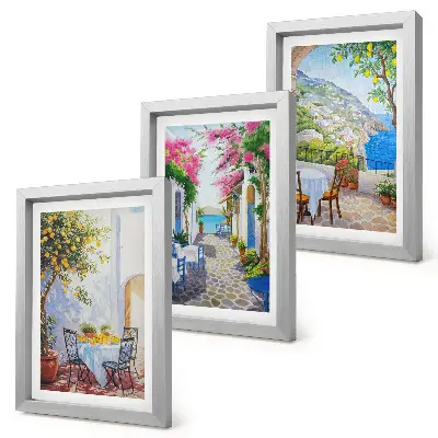 Juego de 3 cuadros decorativos con diseño de calles encantadoras llenas de plantas y vistas al mar