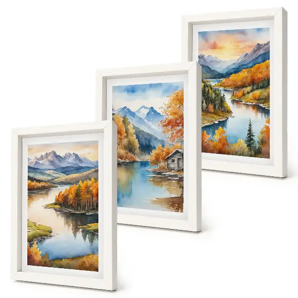 Juego de 3 cuadros decorativos paisajes montañosos otoñales con río y cabaña