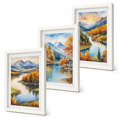 Juego de 3 cuadros decorativos paisajes montañosos otoñales con río y cabaña
