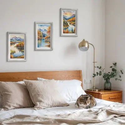 Juego de 3 cuadros decorativos paisajes montañosos otoñales con río y cabaña
