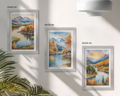 Juego de 3 cuadros decorativos paisajes montañosos otoñales con río y cabaña