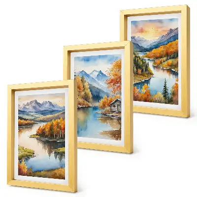 Juego de 3 cuadros decorativos paisajes montañosos otoñales con río y cabaña