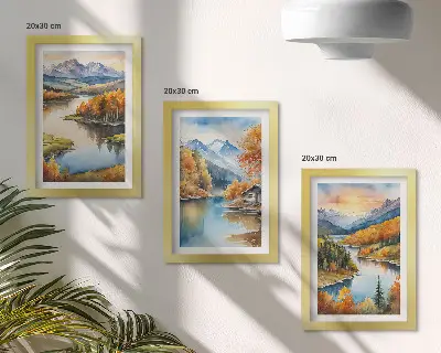 Juego de 3 cuadros decorativos paisajes montañosos otoñales con río y cabaña