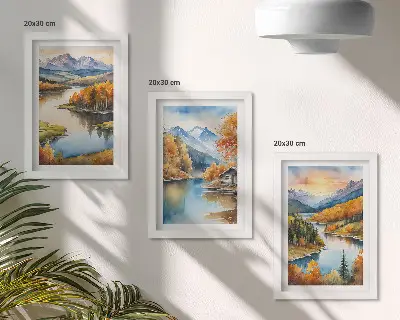 Juego de 3 cuadros decorativos paisajes montañosos otoñales con río y cabaña