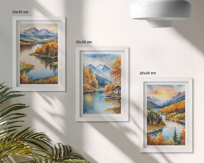 Juego de 3 cuadros decorativos Paisajes montañosos otoñales con un río y una cabaña junto al agua.
