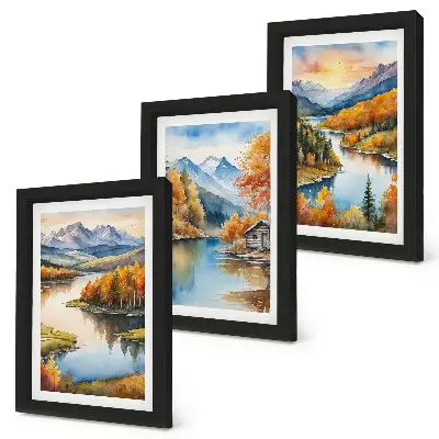 Juego de 3 cuadros decorativos paisajes montañosos otoñales con río y cabaña