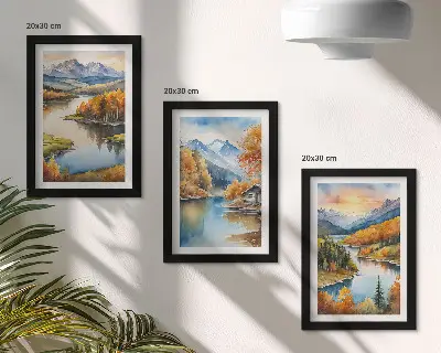 Juego de 3 cuadros decorativos paisajes montañosos otoñales con río y cabaña