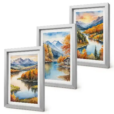 Juego de 3 cuadros decorativos paisajes montañosos otoñales con río y cabaña