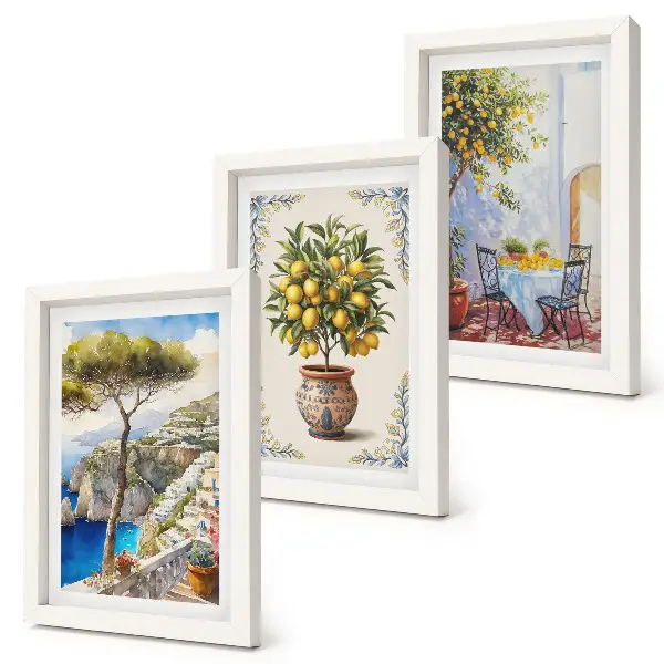 Juego de 3 cuadros decorativos con diseño de vista al mar, limonero y mesa de jardín