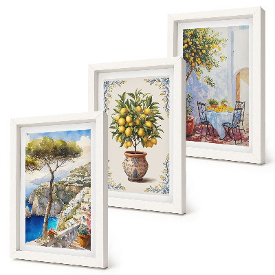 Juego de 3 cuadros decorativos Vista al mar con limonero y mesa de jardín.
