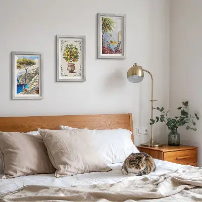 Juego de 3 cuadros decorativos con diseño de vista al mar, limonero y mesa de jardín