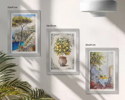 Juego de 3 cuadros decorativos con diseño de vista al mar, limonero y mesa de jardín