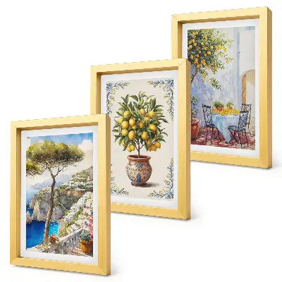 Juego de 3 cuadros decorativos con diseño de vista al mar, limonero y mesa de jardín