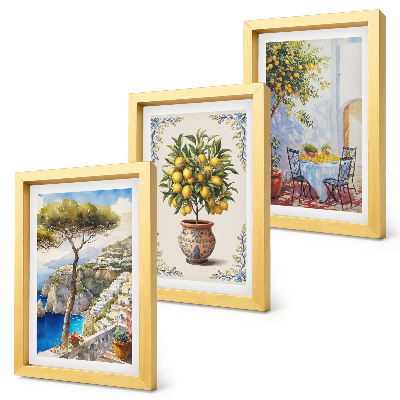 Juego de 3 cuadros decorativos Vista al mar con limonero y mesa de jardín.