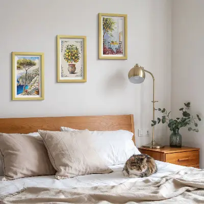 Juego de 3 cuadros decorativos con diseño de vista al mar, limonero y mesa de jardín