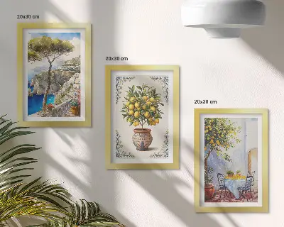 Juego de 3 cuadros decorativos con diseño de vista al mar, limonero y mesa de jardín