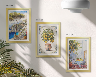 Juego de 3 cuadros decorativos Vista al mar con limonero y mesa de jardín.