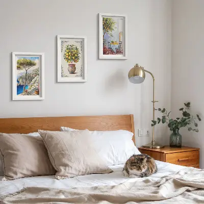 Juego de 3 cuadros decorativos con diseño de vista al mar, limonero y mesa de jardín