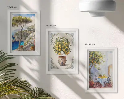Juego de 3 cuadros decorativos con diseño de vista al mar, limonero y mesa de jardín